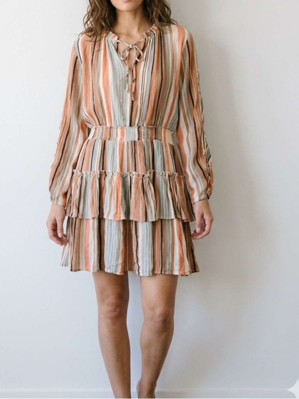 Striped Ruffle Tiered Mini Dress in Earth Tones